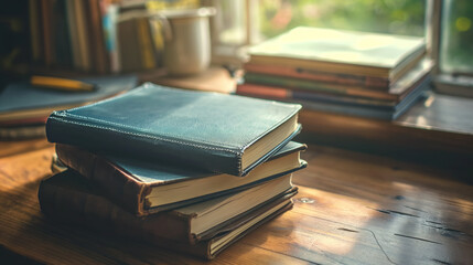 A stack of books on a wooden table. - obrazy, fototapety, plakaty