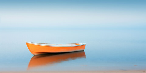 Naklejka premium Orange boat in a calm sea waters near a beachline. Calm, tranquil landscape. Generative AI