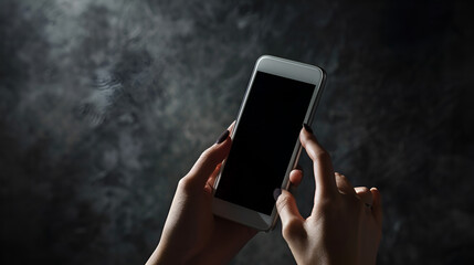 Female hand holding white mobile phone against dark elegant background, generative ai