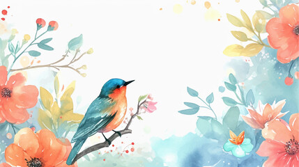 Obraz na płótnie Canvas Watercolor floral background with bird. Hand drawn vector art.