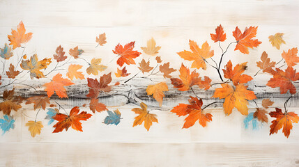 Fall and Autumn leaves on a whitewashed wood plank backround, generative ai