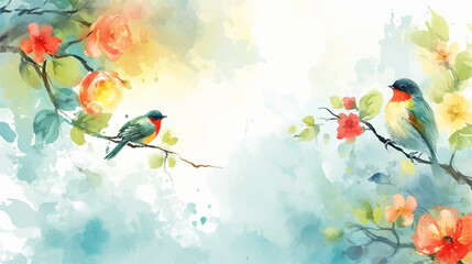 Watercolor floral background with bird. Hand drawn vector art.