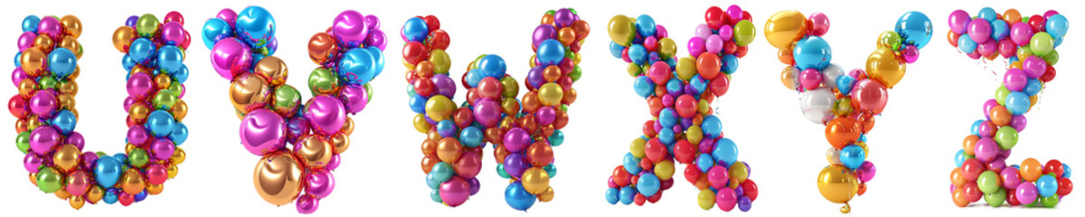 Group of 3d rendering letters U V W X Y Z made of colorful balloons. Funny alphabet isolated on transparent background. - obrazy, fototapety, plakaty