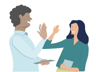 Two happy friendly diverse professionals, teacher and student giving high five standing in office celebrating success, good cooperation result, partnership teamwork and team motivation in office work