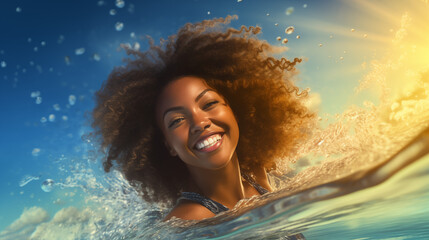 Beautiful Curly-Haired Girl Enjoying a Beach Bath at Sunset