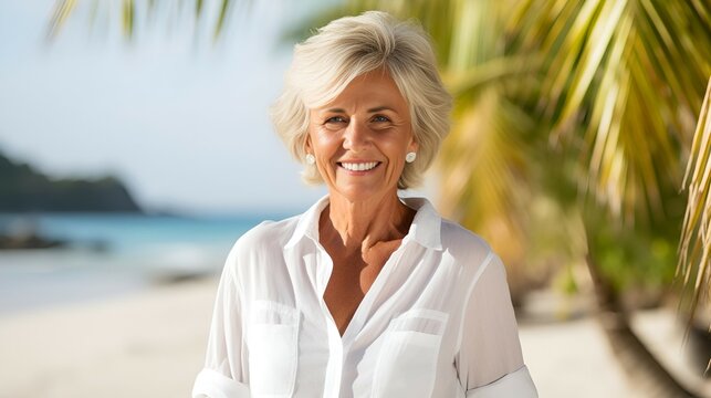 A cheerful elderly woman in a white shirt standing on the beach by the sea, against a background of palm trees and sunlight - Powered by Adobe