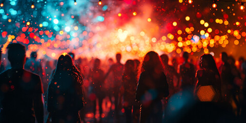 A techno party full of dancing people. AI generative.