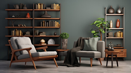 Relaxing Living Room with Sofa, Coffee Table, and Bookshelf