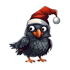 black crow illustration wearing santa hat, christmas animal, on transparent background