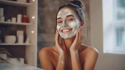 A young blonde happy woman with a cosmetic clay face mask is in a bathroom at home or cosmetic spa room. Treatments to care for the beauty and health of facial skin. Girl smiles and enjoys