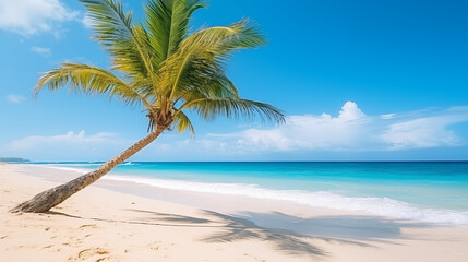 Fototapeta na wymiar Tropical Beach with Palm Tree in Foreground