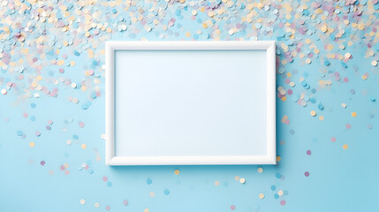 The festive frame of iridescent confetti sparkling on blue background, generative ai