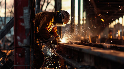 Industrial worker welding steel structure at construction site. Sparks while working