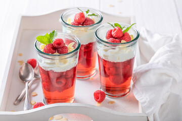 Homemade red jelly made of gelatin and fruits.