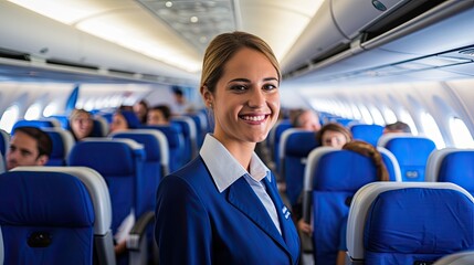 A friendly flight attendant helps passengers settle into their seats and demonstrates safety procedures