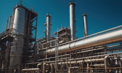 Modern oil petroleum plant with pipelines and technology communications. Exterior of modern petrochemical installation with reactors converter furnace chimneys communications under blue sky background