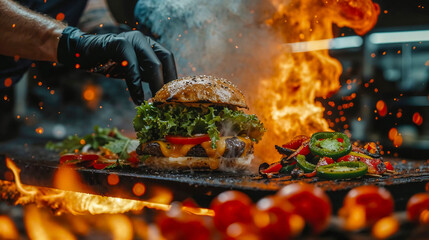 Burger being flamboyantly grilled in a food truck, loaded with tender beef, crisp lettuce, BBQ sauce, and gooey cheese