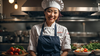 Happy job asian woman cook in restaurant kitchen - obrazy, fototapety, plakaty
