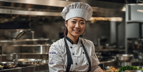 happiness asian woman cook in restaurant kitchen