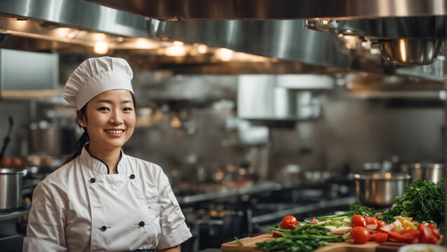 Happy asian woman cook in restaurant kitchen uniform