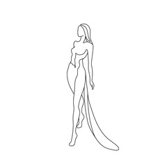 Fashion woman silhouette walking podium, continuous line drawing, girl in long dress, single line on a white background, isolated vector illustration. Tattoo, print and logo design, beauty salon.