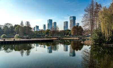 A modern city by the lake