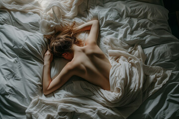 Frau liegt nackt im Bett, Gesicht versteckt