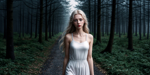 Fototapeta premium Portrait of a woman with long ash grey blonde hair in a dress with pale white skin tone in contrast to the green vegetation and forest trees in the background.