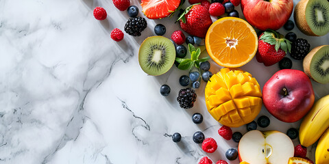 Fototapeta na wymiar Tropical fruits on a white background top view, copy space, generative ai