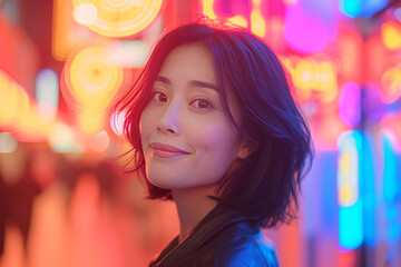 Naklejka premium Smiling brunette asian woman in the evening city illuminated by neon light