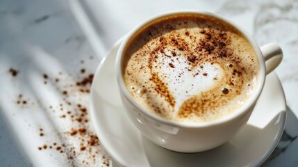 Big cup of delicious and hot cappuccino coffee with a cinnamon heart on whipped milk foam stands on a white background with sun rays and copy space