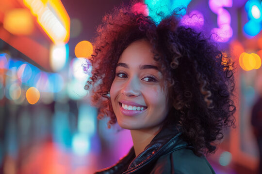 Smiling black woman in the evening city illuminated by neon light