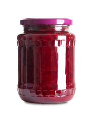 Sliced pickled beetroot in a glass jar. Cooked, cut deep red beets, pasteurized and preserved in a brine of water, vinegar and salt. Used as salad or added to a meal. Close-up, front view, food photo.