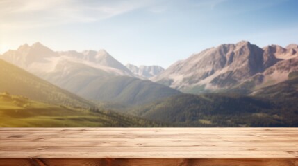 Wooden table on blur mountain morning or evening view landscape, Warm feeling in orange or brown tones. - Powered by Adobe