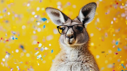 Funny festival kangaroo wearing glasses around confetti on a yellow background looking at camera - Powered by Adobe