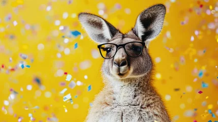Fototapeten Funny festival kangaroo wearing glasses around confetti on a yellow background looking at camera © Hope