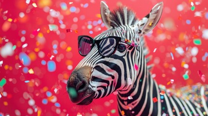 A funny zebra in fashionable glasses hangs out on a red background on which metophane falls.