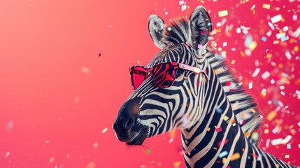 Fototapeta na wymiar A zebra with glasses stands on a red background and looks to the side at the copy space.