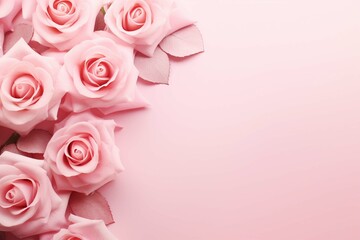 Light pink roses and petals on pink background with copy space, top view. Flower composition.