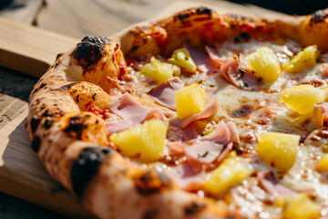 Neapolitan pizza with pineapple and ham. Hawaii neapolitan closeup - obrazy, fototapety, plakaty