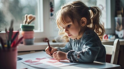 Smart small Caucasian girl child sit at table at home write in exercise book prepare homework for school. Little kid handwrite in notebook do task assignment. Learning, education concept. - Powered by Adobe