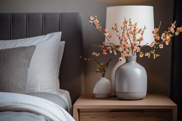 Lamp and flowers on the nightstand in the bedroom. Home interior in Scandinavian style