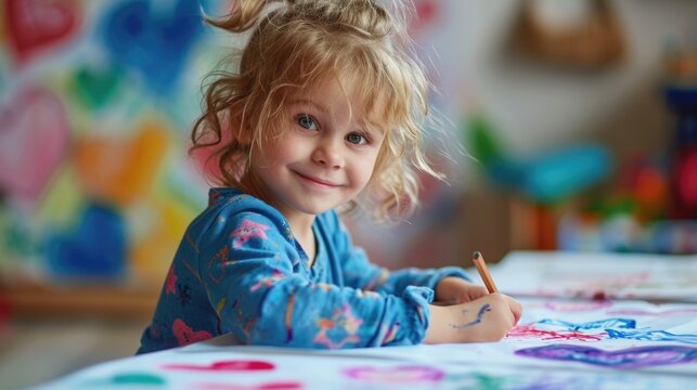 Blonde little child drawing with paints.