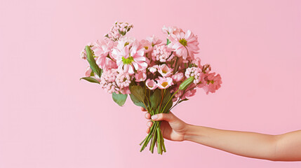 Floral Beauty: A Romantic Bouquet of Fresh Pink Blossoms Held by a Young Woman on a White Background