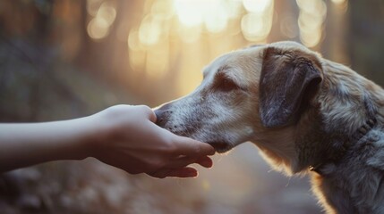 A dog sniffs a person's hand, showing trust. A homeless animal needs a home and the care of a new owner friend. mental connection between animal and human - obrazy, fototapety, plakaty