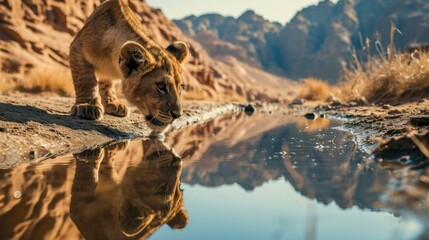 Young lion drinks water and looks at his reflection against the backdrop of mountains and wild...