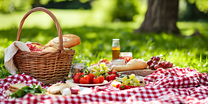Picnic at the park on the grass: tablecloth, basket, healthy food, rose wine and accessories. generative ai