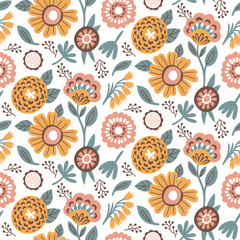 Floral Seamless Pattern of Flowers and Leaves in five Colors Yellow Sand Brown, Peach, Brown, Grey Green on White Backdrop, Wallpaper Design for Textiles, Papers Prints, Fashion Backgrounds