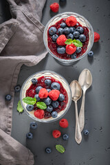 Delicious and fruity Panna Cotta made of mousse and milk.