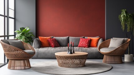 Stylish living room with comfortable grey corner sofa, small tree on the floor and red wall. 